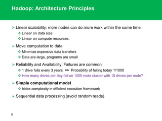 Hadoop: Architecture Principles
 Linear scalability: more nodes can do more work within the same time
 Linear on data size:
 Linear on compute resources:
 Move computation to data
 Minimize expensive data transfers
 Data are large, programs are small
 Reliability and Availability: Failures are common
 1 drive fails every 3 years => Probability of failing today 1/1000
 How many drives per day fail on 1000 node cluster with 10 drives per node?
 Simple computational model
 hides complexity in efficient execution framework
 Sequential data processing (avoid random reads)
5
 