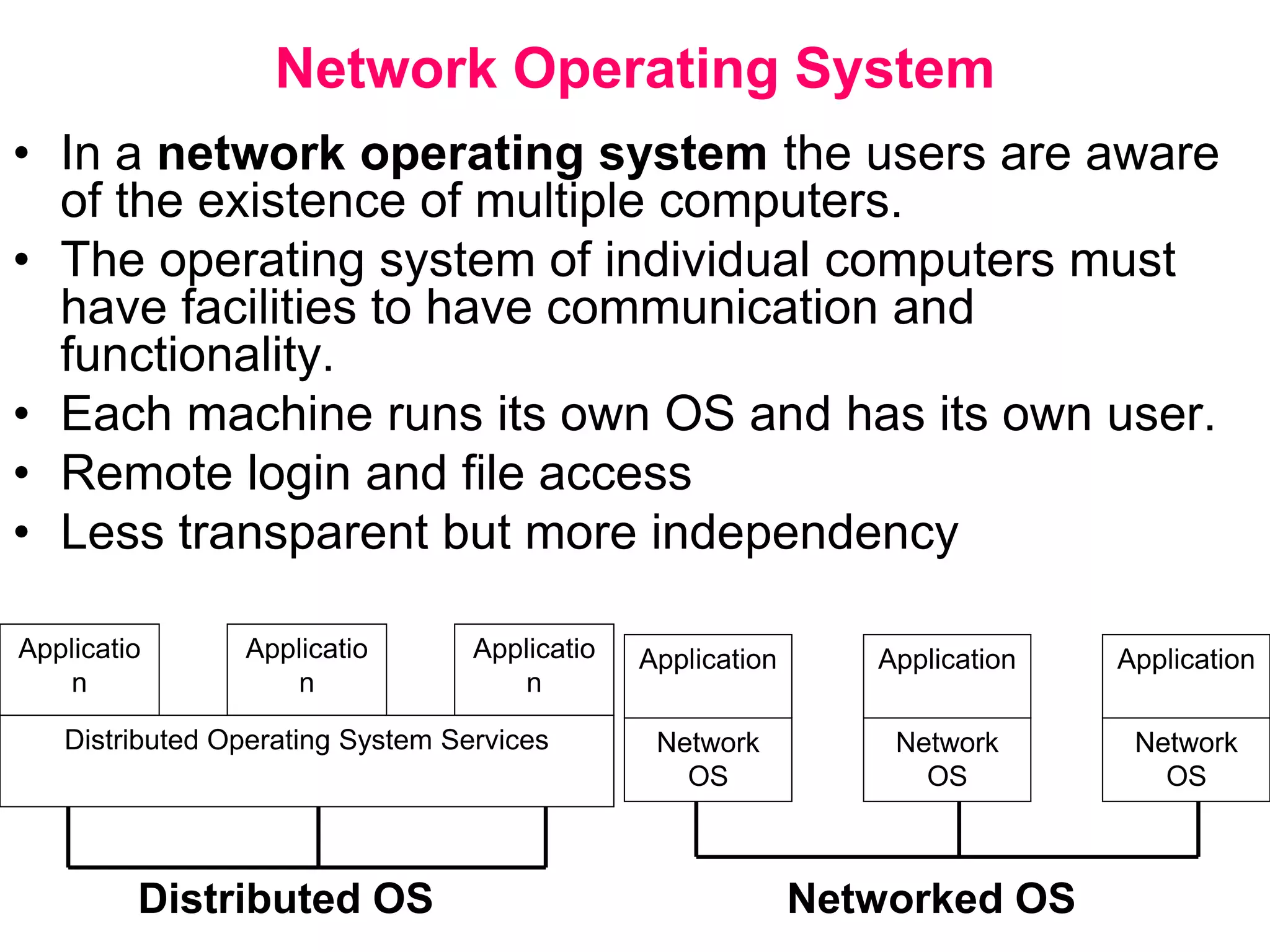 Network Operating System
• In a network operating system the users are aware
of the existence of multiple computers.
• The operating system of individual computers must
have facilities to have communication and
functionality.
• Each machine runs its own OS and has its own user.
• Remote login and file access
• Less transparent but more independency
Applicatio
n
Applicatio
n
Applicatio
n
Distributed Operating System Services
Application Application Application
Network
OS
Network
OS
Network
OS
Distributed OS Networked OS
 