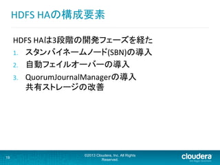 HDFS	
  HAの構成要素	
  
HDFS	
  HAは3段階の開発フェーズを経た	
  
1.  スタンバイネームノード(SBN)の導入	
  
2.  自動フェイルオーバーの導入	
  
3.  QuorumJournalManagerの導入	
  
共有ストレージの改善	
  
19
©2013 Cloudera, Inc. All Rights
Reserved.
 