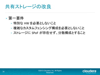 共有ストレージの改良	
  
•  第一要件	
  
•  特別な HW	
  を必要としないこと	
  
•  複雑なカスタムフェンシング構成を必要としないこと	
  
•  ストレージに SPoF が存在せず、分散構成とすること	
  
34
©2013 Cloudera, Inc. All Rights
Reserved.
 