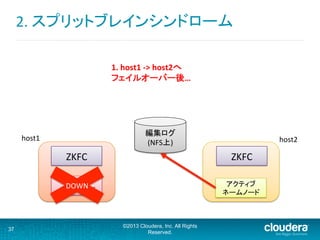 2.	
  スプリットブレインシンドローム	
  
37
©2013 Cloudera, Inc. All Rights
Reserved.
アクティブ	
  
ネームノード	
  
ZKFC	
   ZKFC	
  
host2	
host1	
1.	
  host1	
  -­‐>	
  host2へ	
  
フェイルオーバー後…	
DOWN	
 アクティブ	
  
ネームノード	
  
編集ログ
(NFS上)	
  
 