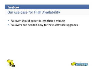 Our use case for High Availability
  Failover should occur in less than a minute
  Failovers are needed only for new software upgrades
 