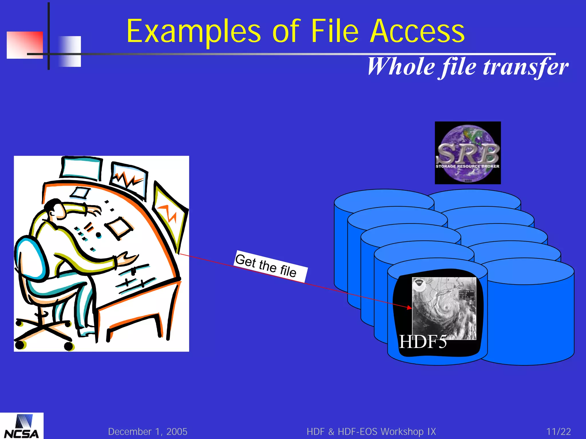 Examples of File Access
Whole file transfer

Get t
he fil
e

HDF5

December 1, 2005

HDF & HDF-EOS Workshop IX

11/22

 