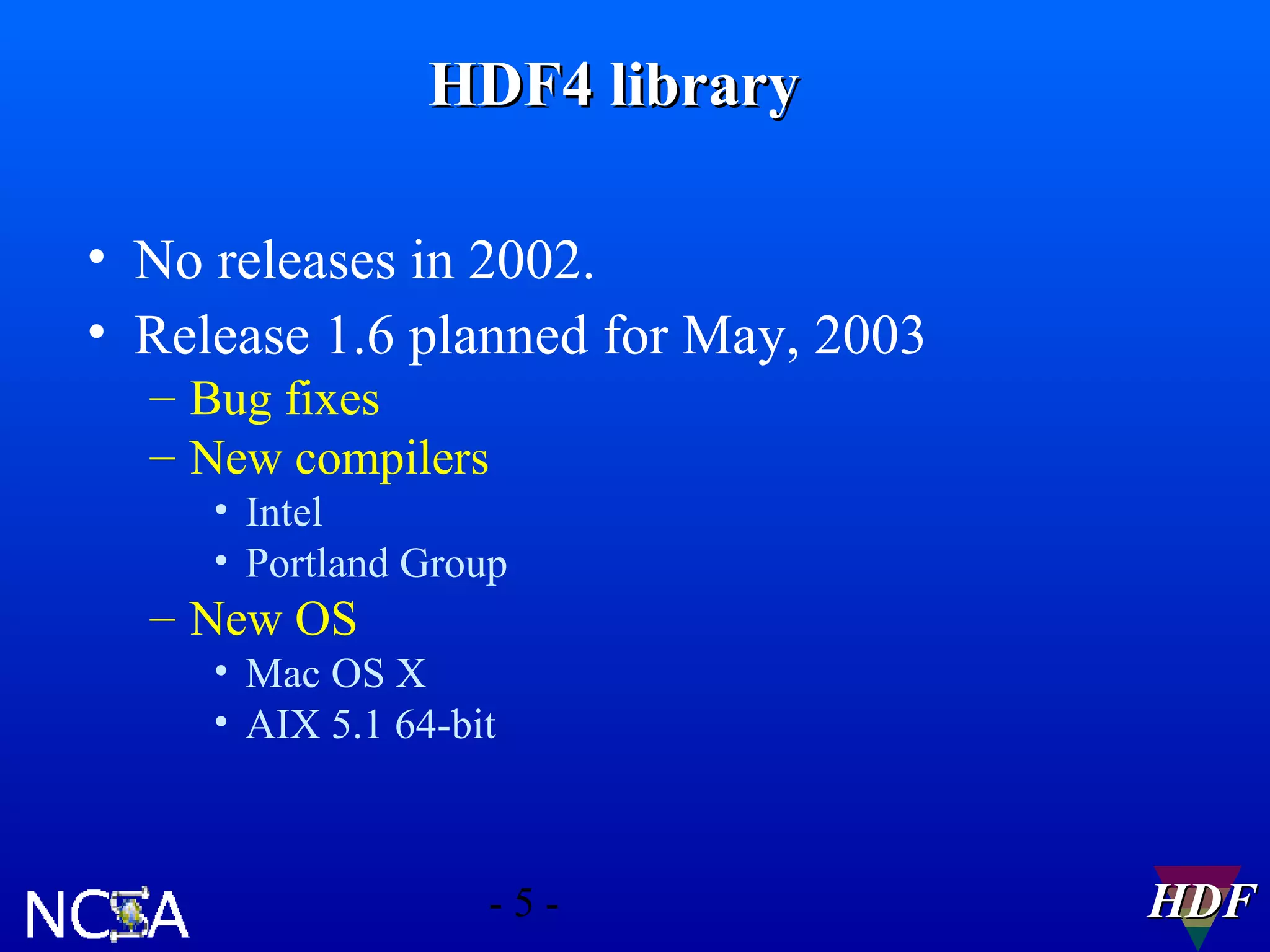 HDF4 library
• No releases in 2002.
• Release 1.6 planned for May, 2003
– Bug fixes
– New compilers
• Intel
• Portland Group

– New OS
• Mac OS X
• AIX 5.1 64-bit

-5-

HDF

 