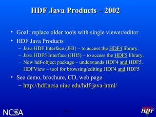 HDF Java Products – 2002
• Goal: replace older tools with single viewer/editor
• HDF Java Products
–
–
–
–

Java HDF Interface (JHI) – to access the HDF4 library.
Java HDF5 Interface (JHI5) – to access the HDF5 library.
New hdf-object package – understands HDF4 and HDF5.
HDFView – tool for browsing/editing HDF4 and HDF5

• See demo, brochure, CD, web page
– http://hdf.ncsa.uiuc.edu/hdf-java-html/

- 14 -

HDF

 