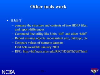 Other tools work
• H5diff
– compare the structure and contents of two HDF5 files,
and report differences
– Command line utility like Unix ‘diff’ and older ‘hdiff’
– Report missing objects, inconsistent size, datatype, etc.
– Compare values of numeric datasets
– First beta available January 2003
– RFC: http://hdf.ncsa.uiuc.edu/RFC/H5diff/h5diff.html

- 18 -

HDF

 