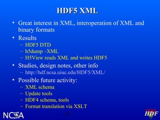 HDF5 XML
• Great interest in XML, interoperation of XML and
binary formats
• Results
– HDF5 DTD
– h5dump –XML
– H5View reads XML and writes HDF5

• Studies, design notes, other info
– http://hdf.ncsa.uiuc.edu/HDF5/XML/

• Possible future activity:
–
–
–
–

XML schema
Update tools
HDF4 schema, tools
Format translation via XSLT
- 21 -

HDF

 