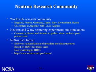 Neutron Research Community
• Worldwide research community
– England, France, Germany, Japan, Italy, Switzerland, Russia
– US centers at Argonne, NIST, Los Alamos

• Neutron and X-ray scattering experiments and simulations
– Common software and formats to gather, share, archive, postprocess data

• NeXus data format
–
–
–
–

Enforces standardization of metadata and data structures
Based on HDF4 for many years
Now switching to HDF5
http://www.neutron.anl.gov/nexus/

- 26 -

HDF

 