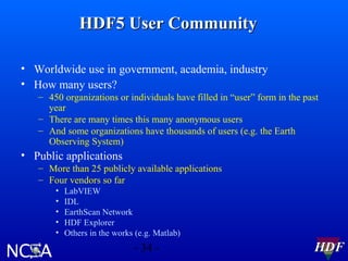 HDF5 User Community
• Worldwide use in government, academia, industry
• How many users?
– 450 organizations or individuals have filled in “user” form in the past
year
– There are many times this many anonymous users
– And some organizations have thousands of users (e.g. the Earth
Observing System)

• Public applications
– More than 25 publicly available applications
– Four vendors so far
•
•
•
•
•

LabVIEW
IDL
EarthScan Network
HDF Explorer
Others in the works (e.g. Matlab)

- 34 -

HDF

 
