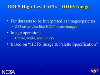 HDF5 High Level APIs – HDF5 Image
• For datasets to be interpreted as images/palettes
– 2-D raster data like HDF4 raster images

• Image operations
– Create, write, read, query

• Based on “HDF5 Image & Palette Specification”

- 40 -

HDF

 