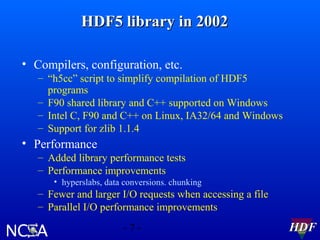 HDF5 library in 2002
• Compilers, configuration, etc.
– “h5cc” script to simplify compilation of HDF5
programs
– F90 shared library and C++ supported on Windows
– Intel C, F90 and C++ on Linux, IA32/64 and Windows
– Support for zlib 1.1.4

• Performance
– Added library performance tests
– Performance improvements
• hyperslabs, data conversions. chunking

– Fewer and larger I/O requests when accessing a file
– Parallel I/O performance improvements
-7-

HDF

 