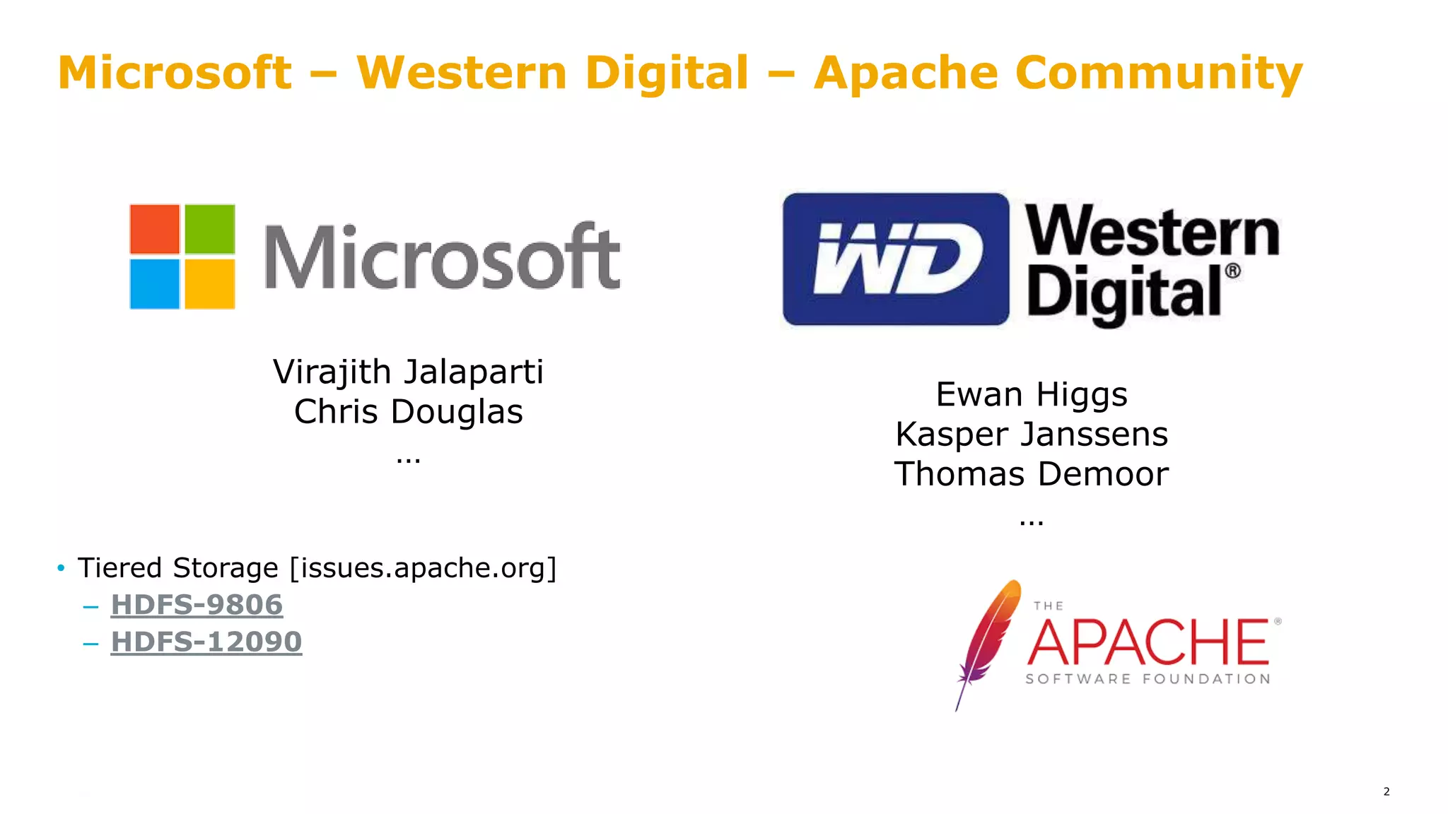 • Tiered Storage [issues.apache.org]
– HDFS-9806
– HDFS-12090
Microsoft – Western Digital – Apache Community
2
Virajith Jalaparti
Chris Douglas
…
Ewan Higgs
Kasper Janssens
Thomas Demoor
…
 