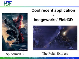 Cool recent application
Imageworks’ Field3D

Spiderman 3
November 3-5, 2009

The Polar Express
HDF/HDF-EOS Workshop XIII

12

www.hdfgroup.org

 