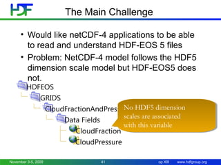 The Main Challenge
• Would like netCDF-4 applications to be able
to read and understand HDF-EOS 5 files
• Problem: NetCDF-4 model follows the HDF5
dimension scale model but HDF-EOS5 does
not.
HDFEOS
GRIDS
No HDF5 dimension
No
CloudFractionAndPressure HDF5 dimension
scales are associated
scales are associated
Data Fields
with this variable
with this variable
CloudFraction
CloudPressure

November 3-5, 2009

41

HDF/HD
F-EOS
Worksh
op XIII

www.hdfgroup.org

 