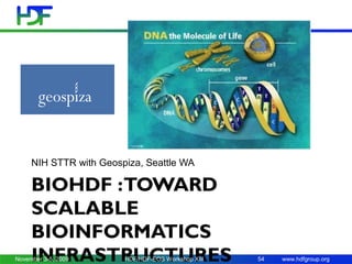 NIH STTR with Geospiza, Seattle WA

BIOHDF :TOWARD
SCALABLE
BIOINFORMATICS
INFRASTRUCTURES

November 3-5, 2009

HDF/HDF-EOS Workshop XIII

TM

54

www.hdfgroup.org

 
