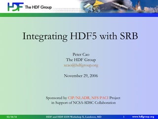 Integrating HDF5 with SRB
Peter Cao
The HDF Group
xcao@hdfgroup.org
November 29, 2006

Sponsored by CIP/NLADR, NFS PACI Project
in Support of NCSA-SDSC Collaboration

02/18/14

HDF and HDF-EOS Workshop X, Landover, MD

1

 