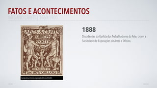 FATOS E ACONTECIMENTOS
VOLTAR AVANÇAR
1888
Dissidentes da Guilda dos Trabalhadores da Arte, criam a
Sociedade de Exposições de Artes e Ofícios.
ARTS AND CRAFTS | 1860-1900
Cartaz da primeira exposição Arts and Crafts
 