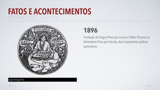 FATOS E ACONTECIMENTOS
VOLTAR AVANÇAR
1896
Fundação da Eragny Press por Lucien e Esther Pissarro e e
Ashendene Press por Hornby, duas importantes gráﬁcas
particulares.
ARTS AND CRAFTS | 1860-1900
Logo da Eragny Press
 