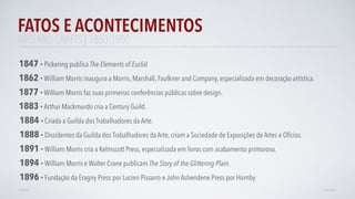 FATOS E ACONTECIMENTOS
AVANÇAR
1862 - William Morris inaugura a Morris, Marshall, Faulkner and Company, especializada em decoração artística.
1847 - Pickering publica The Elements of Euclid
1883 - Arthur Mackmurdo cria a Century Guild.
1891 - William Morris cria a Kelmscott Press, especializada em livros com acabamento primoroso.
1894 - William Morris e Walter Crane publicam The Story of the Glittering Plain.
1877 - William Morris faz suas primeiras conferências públicas sobre design.
1896 - Fundação da Eragny Press por Lucien Pissarro e John Ashendene Press por Hornby
VOLTAR
ARTS AND CRAFTS | 1860-1900
1884 - Criada a Guilda dos Trabalhadores da Arte.
1888 - Dissidentes da Guilda dos Trabalhadores da Arte, criam a Sociedade de Exposições de Artes e Ofícios.
 