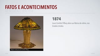 FATOS E ACONTECIMENTOS
VOLTAR AVANÇAR
1874
Louis Comfort Tiffany abre sua fábrica de vidros, nos
Estados Unidos.
Abajour criado por Louis Comfort Tiffany
ART NOUVEAU | 1890-1914
 