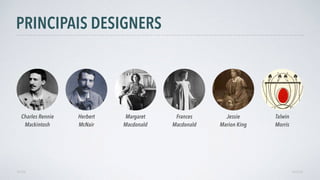 PRINCIPAIS DESIGNERS
AVANÇAR
Charles Rennie  
Mackintosh
Margaret
Macdonald
Frances
Macdonald
Herbert
McNair
VOLTAR
Jessie
Marion King
Talwin
Morris
 
