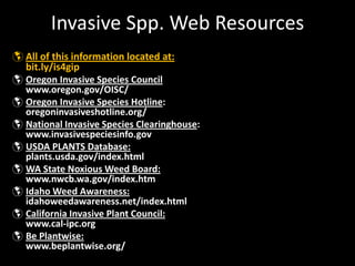 Invasive Spp. Web Resources
All of this information located at: 
bit.ly/is4gip
Oregon Invasive Species Council
www.oregon.gov/OISC/
Oregon Invasive Species Hotline:
oregoninvasiveshotline.org/
National Invasive Species Clearinghouse: 
www.invasivespeciesinfo.gov
USDA PLANTS Database: 
plants.usda.gov/index.html
WA State Noxious Weed Board: 
www.nwcb.wa.gov/index.htm
Idaho Weed Awareness:
idahoweedawareness.net/index.html
California Invasive Plant Council:
www.cal‐ipc.org 
Be Plantwise:
www.beplantwise.org/
 