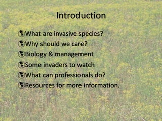Introduction
What are invasive species?
Why should we care?
Biology & management
Some invaders to watch
What can professionals do?
Resources for more information.
 
