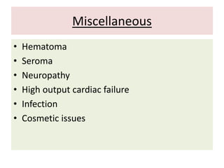 Miscellaneous
• Hematoma
• Seroma
• Neuropathy
• High output cardiac failure
• Infection
• Cosmetic issues
 
