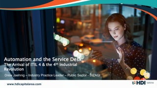 www.hdicapitalarea.comwww.hdicapitalarea.com
Automation and the Service Desk:
The Arrival of ITIL 4 & the 4th Industrial
Revolution
Drew Jaehnig – Industry Practice Leader – Public Sector - BIZAGI
 