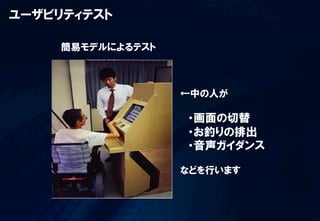 ユーザビリティテスト

     簡易モデルによるテスト



                   ←中の人が

                   　・画面の切替
                   　・お釣りの排出
                   　・音声ガイダンス

                   などを行います
 