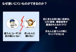 なぜ使いにくいものができるのか？



                        目に見える判り易い効率化、
                         コスト競争、機能競争が
                          重視されたものづくり
   作る人       使う人（ユーザ）
                               ▼
                         作る人と使う人の間に
使う人（ユーザ）が   作った人に          ギャップが生じる
目の前にいない     聞けない
 