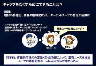 ギャップをなくすためにできることは？
課題：
嗜好の多様化、機器の複雑化により、ターゲットユーザの想定が困難に


ユーザの想定が”思い込み”ではないか？
設計者の都合にあった仕様になっていないか？
                               想定ユーザは真のユーザ？
想定ユーザが理想像になっていないか？




           作る人

                    使う人（ユーザ）      実際は…？




科学的、客観的手法での定量・定性評価によって、潜在ニーズを抽出
    ユーザの本質的なニーズに迫る方法が求められる
                                              9/58	
  
 