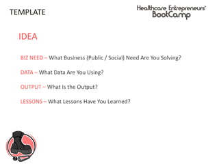TEMPLATE
BIZ NEED – What Business (Public / Social) Need Are You Solving?
DATA – What Data Are You Using?
OUTPUT – What Is the Output?
LESSONS – What Lessons Have You Learned?
IDEA
 