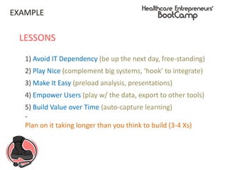 EXAMPLE
LESSONS
1) Avoid IT Dependency (be up the next day, free-standing)
2) Play Nice (complement big systems, ‘hook’ to integrate)
3) Make It Easy (preload analysis, presentations)
4) Empower Users (play w/ the data, export to other tools)
5) Build Value over Time (auto-capture learning)
-
Plan on it taking longer than you think to build (3-4 Xs)
 