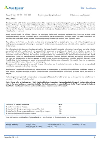 HDIL | Event Update


  Research Team Tel: 022 - 4040 3800               E-mail: research@angeltrade.com                   Website: www.angeltrade.com

  DISCLAIMER

 This document is solely for the personal information of the recipient, and must not be singularly used as the basis of any investment
 decision. Nothing in this document should be construed as investment or financial advice. Each recipient of this document should make
 such investigations as they deem necessary to arrive at an independent evaluation of an investment in the securities of the companies
 referred to in this document (including the merits and risks involved), and should consult their own advisors to determine the merits and
 risks of such an investment.

 Angel Broking Limited, its affiliates, directors, its proprietary trading and investment businesses may, from time to time, make
 investment decisions that are inconsistent with or contradictory to the recommendations expressed herein. The views contained in this
 document are those of the analyst, and the company may or may not subscribe to all the views expressed within.

 Reports based on technical and derivative analysis center on studying charts of a stock's price movement, outstanding positions and
 trading volume, as opposed to focusing on a company's fundamentals and, as such, may not match with a report on a company's
 fundamentals.

 The information in this document has been printed on the basis of publicly available information, internal data and other reliable
 sources believed to be true, but we do not represent that it is accurate or complete and it should not be relied on as such, as this
 document is for general guidance only. Angel Broking Limited or any of its affiliates/ group companies shall not be in any way
 responsible for any loss or damage that may arise to any person from any inadvertent error in the information contained in this report.
 Angel Broking Limited has not independently verified all the information contained within this document. Accordingly, we cannot testify,
 nor make any representation or warranty, express or implied, to the accuracy, contents or data contained within this document. While
 Angel Broking Limited endeavours to update on a reasonable basis the information discussed in this material, there may be regulatory,
 compliance, or other reasons that prevent us from doing so.
 This document is being supplied to you solely for your information, and its contents, information or data may not be reproduced,
 redistributed or passed on, directly or indirectly.

 Angel Broking Limited and its affiliates may seek to provide or have engaged in providing corporate finance, investment banking or
 other advisory services in a merger or specific transaction to the companies referred to in this report, as on the date of this report or in
 the past.

 Neither Angel Broking Limited, nor its directors, employees or affiliates shall be liable for any loss or damage that may arise from or in
 connection with the use of this information.

 Note: Please refer to the important `Stock Holding Disclosure' report on the Angel website (Research Section). Also, please
 refer to the latest update on respective stocks for the disclosure status in respect of those stocks. Angel Broking Limited and
 its affiliates may have investment positions in the stocks recommended in this report.




 Disclosure of Interest Statement                                                  HDIL
 1. Analyst ownership of the stock                                                  No
 2. Angel and its Group companies ownership of the stock                            Yes
 3. Angel and its Group companies' Directors ownership of the stock                 No
 4. Broking relationship with company covered                                       No

 Note: We have not considered any Exposure below Rs 1 lakh for Angel, its Group companies and Directors.



 Ratings (Returns):              Buy (> 15%)                      Accumulate (5% to 15%)                 Neutral (-5 to 5%)
                                 Reduce (-5% to 15%)              Sell (< -15%)




September 14, 2010                                                                                                                         8
 