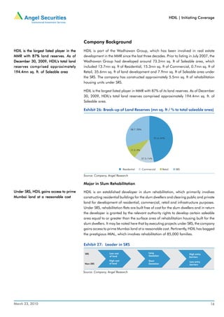 HDIL | Initiating Coverage




                                           Company Background
HDIL is the largest listed player in the   HDIL is part of the Wadhawan Group, which has been involved in real estate
MMR with 87% land reserves. As of          development in the MMR since the last three decades. Prior to listing in July 2007, the
December 30, 2009, HDIL's total land       Wadhawan Group had developed around 73.2mn sq. ft of Saleable area, which
reserves comprised approximately           included 13.7mn sq. ft of Residential, 15.3mn sq. ft of Commercial, 0.7mn sq. ft of
194.4mn sq. ft. of Saleable area           Retail, 35.6mn sq. ft of land development and 7.9mn sq. ft of Saleable area under
                                           the SRS. The company has constructed approximately 5.5mn sq. ft of rehabilitation
                                           housing units under SRS.

                                           HDIL is the largest listed player in MMR with 87% of its land reserves. As of December
                                           30, 2009, HDIL's total land reserves comprised approximately 194.4mn sq. ft. of
                                           Saleable area.

                                           Exhibit 26: Break-up of Land Reserves (mn sq. ft / % to total saleable area)




                                                                                58.7 /30%


                                                                                                        91.0 /47%




                                                                                17.3 /9%


                                                                                            27.3 /14%



                                                                         Residential        Commercial         Retail      SRS

                                           Source: Company, Angel Research

                                           Major in Slum Rehabilitation

Under SRS, HDIL gains access to prime
      SRS,                                 HDIL is an established developer in slum rehabilitation, which primarily involves
Mumbai land at a reasonable cost           constructing residential buildings for the slum dwellers and clearing public and private
                                           land for development of residential, commercial, retail and infrastructure purposes.
                                           Under SRS, rehabilitation flats are built free of cost for the slum dwellers and in return
                                           the developer is granted by the relevant authority rights to develop certain saleable
                                           area equal to or greater than the surface area of rehabilitation housing built for the
                                           slum dwellers. It may be noted here that by executing projects under SRS, the company
                                           gains access to prime Mumbai land at a reasonable cost. Pertinently, HDIL has bagged
                                           the prestigious MIAL, which involves rehabilitation of 85,000 families.

                                           Exhibit 27: Leader in SRS

                                            SRS              Low cost                            Long
                                                                                                                                   High entry
                                                             of land                             Gestation
                                                                                                                                   barriers
                                                             High cost                           Short                             Low entry
                                            Non-SRS          of land                             Gestation                         barriers


                                           Source: Company, Angel Research




March 23, 2010                                                                                                                                  16
 
