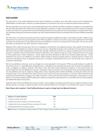 HDIL




DISCLAIMER
This document is not for public distribution and has been furnished to you solely for your information and must not be reproduced or
redistributed to any other person. Persons into whose possession this document may come are required to observe these restrictions.

Opinion expressed is our current opinion as of the date appearing on this material only. While we endeavor to update on a reasonable basis
the information discussed in this material, there may be regulatory, compliance, or other reasons that prevent us from doing so. Prospective
investors and others are cautioned that any forward-looking statements are not predictions and may be subject to change without notice.
Our proprietary trading and investment businesses may make investment decisions that are inconsistent with the recommendations expressed
herein.

The information in this document has been printed on the basis of publicly available information, internal data and other reliable sources
believed to be true and are for general guidance only. While every effort is made to ensure the accuracy and completeness of information
contained, the company takes no guarantee and assumes no liability for any errors or omissions of the information. No one can use the
information as the basis for any claim, demand or cause of action.

Recipients of this material should rely on their own investigations and take their own professional advice. Each recipient of this document
should make such investigations as it deems necessary to arrive at an independent evaluation of an investment in the securities of companies
referred to in this document (including the merits and risks involved), and should consult their own advisors to determine the merits and risks
of such an investment. Price and value of the investments referred to in this material may go up or down. Past performance is not a guide
for future performance. Certain transactions - futures, options and other derivatives as well as non-investment grade securities - involve
substantial risks and are not suitable for all investors. Reports based on technical analysis centers on studying charts of a stock's price
movement and trading volume, as opposed to focusing on a company's fundamentals and as such, may not match with a report on a
company's fundamentals.

We do not undertake to advise you as to any change of our views expressed in this document. While we would endeavor to update the
information herein on a reasonable basis, Angel Securities, its subsidiaries and associated companies, their directors and employees are
under no obligation to update or keep the information current. Also there may be regulatory, compliance, or other reasons that may
prevent Angel Securities and affiliates from doing so. Prospective investors and others are cautioned that any forward-looking statements
are not predictions and may be subject to change without notice. Angel Securities Limited and affiliates, including the analyst who has
issued this report, may, on the date of this report, and from time to time, have long or short positions in, and buy or sell the securities of the
companies mentioned herein or engage in any other transaction involving such securities and earn brokerage or compensation or act as
advisor or have other potential conflict of interest with respect to company/ies mentioned herein or inconsistent with any recommendation
and related information and opinions.

Angel Securities Limited and affiliates may seek to provide or have engaged in providing corporate finance, investment banking or other
advisory services in a merger or specific transaction to the companies referred to in this report, as on the date of this report or in the past.

Note: Please refer important `Stock Holding Disclosure' report on Angel web-site (Research Section).




   Disclosure of Interest Statement                                            HDIL
   1. Analyst ownership of the stock                                            No
   2. Angel and its Group companies ownership of the stock                      No
   3. Angel and its Group companies' Directors ownership of the stock           No
   4. Broking relationship with company covered                                 No

   Note: We have not considered any Exposure below Rs 5 lakh for Angel, its Group companies and Directors.




  Ratings (Returns) :             Buy (> 15%)                               Accumulate (5% to 15%)                       Neutral (-5 to 5%)
                                  Reduce (-5% to -15%)                      Sell (< -15%)
 