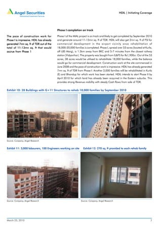 HDIL | Initiating Coverage




                                          Phase I completion on track

The pace of construction work for         Phase I of the MIAL project is on track and likely to get completed by September 2010
Phase I is impressive. HDIL has already   and generate around 11-13mn sq. ft of TDR. HDIL will also get 2mn sq. ft of FSI for
generated 7mn sq. ft of TDR out of the    commercial development in the airport vicinity once rehabilitation of
total of 11-13mn sq. ft that would        18,000-20,000 families is completed. Phase I, spread over 53 acres (located at Kurla,
accrue from Phase 1                       off LBS Marg), is 1.5km away from BKC and 5-7 minutes from the closest railway
                                          station (Vidyavihar). The property was bought from IL&FS for Rs1,900cr. Out of the 53
                                          acres, 38 acres would be utilised to rehabilitate 18,000 families, while the balance
                                          would go for commercial development. Construction work at the site commenced in
                                          June 2008 and the pace of construction work is impressive. HDIL has already generated
                                          7mn sq. ft of TDR from Phase I. Another 2,000 families will be rehabilitated in Kurla
                                          (E) and Bhandup for which work has been started. HDIL intends to start Phase II by
                                          April 2010 for which land has already been acquired in the Eastern suburbs. This
                                          provides strong Revenue visibility with steady Cash flows from sale of TDR.


Exhibit 10: 28 Buildings with G+11 Structures to rehab 18,000 families by September 2010




Source: Company, Angel Research


Exhibit 11: 3,000 labourers, 100 Engineers working on site       Exhibit 12: 270 sq. ft provided to each rehab family




Source: Company, Angel Research                                Source: Company, Angel Research




March 23, 2010                                                                                                               7
 