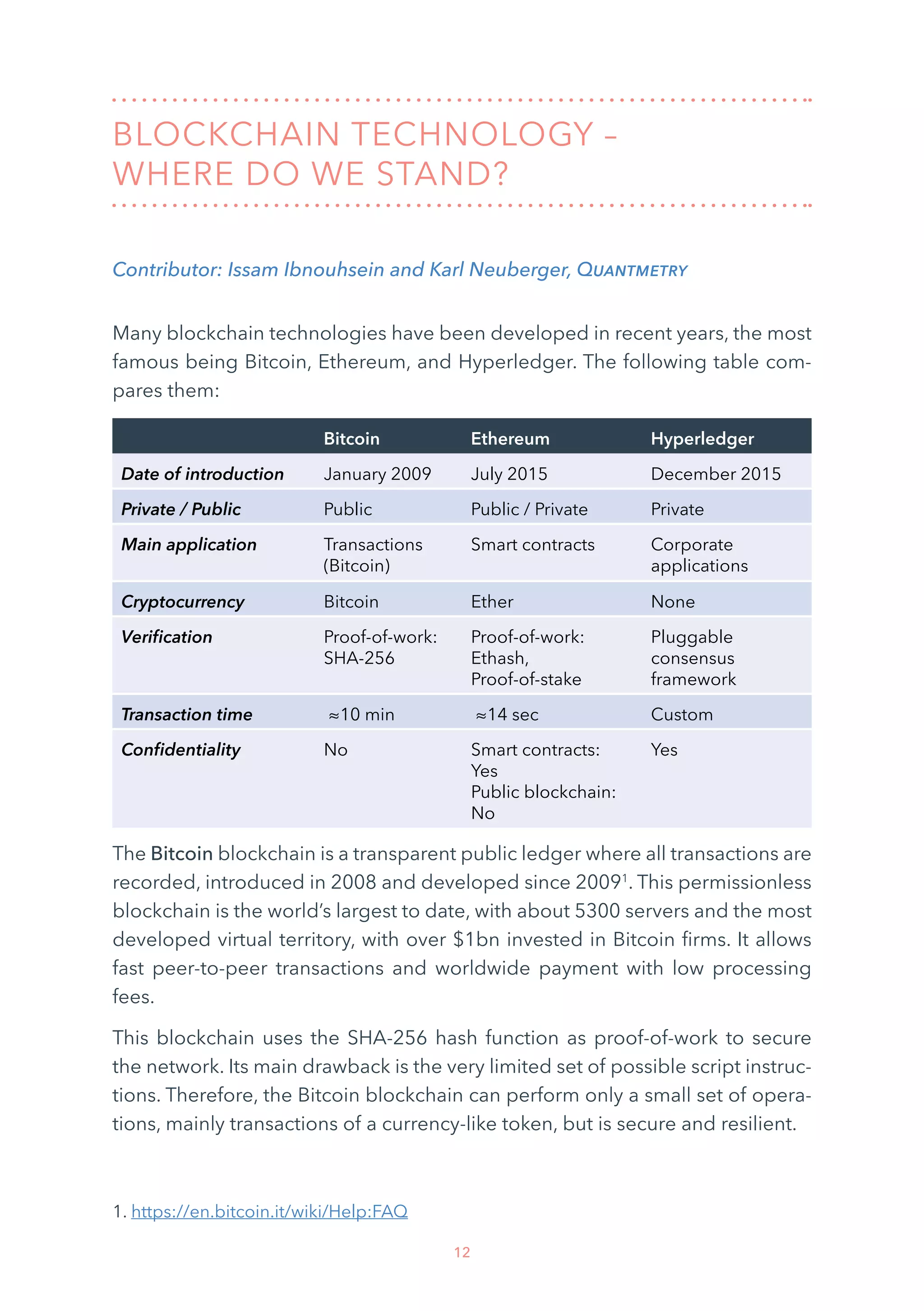12
BLOCKCHAIN TECHNOLOGY –
WHERE DO WE STAND?
Contributor: Issam Ibnouhsein and Karl Neuberger, Quantmetry
Many blockchain technologies have been developed in recent years, the most
famous being Bitcoin, Ethereum, and Hyperledger. The following table com-
pares them:
Bitcoin Ethereum Hyperledger
Date of introduction January 2009 July 2015 December 2015
Private / Public Public Public / Private Private
Main application Transactions
(Bitcoin)
Smart contracts Corporate
applications
Cryptocurrency Bitcoin Ether None
Verification Proof-of-work:
SHA-256
Proof-of-work:
Ethash,
Proof-of-stake
Pluggable
consensus
framework
Transaction time ≈10 min ≈14 sec Custom
Confidentiality No Smart contracts:
Yes
Public blockchain:
No
Yes
The Bitcoin blockchain is a transparent public ledger where all transactions are
recorded, introduced in 2008 and developed since 20091
. This permissionless
blockchain is the world’s largest to date, with about 5300 servers and the most
developed virtual territory, with over $1bn invested in Bitcoin firms. It allows
fast peer-to-peer transactions and worldwide payment with low processing
fees.
This blockchain uses the SHA-256 hash function as proof-of-work to secure
the network. Its main drawback is the very limited set of possible script instruc-
tions. Therefore, the Bitcoin blockchain can perform only a small set of opera-
tions, mainly transactions of a currency-like token, but is secure and resilient.
1. https://en.bitcoin.it/wiki/Help:FAQ
 