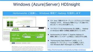 11
Windows (Azure|Server) HDInsight
Hortonworks ȅfIWindows h Hadoop ṩޤ
? Ԫ Java Ǖ줿`ץ󥽩`ץȤǤ
Hadoop Ǥ Windows hǥ`˄Ӥ
ˤϤĤ򤬱ҪǤ
? ޥեȤ Hortonworks ȅfI Hadoop
 Windows hؤֲmФäƤޤ
? Hortonworks  Yahoo!  Apache Hadoop 
_kЯäƤ`बO줿I
? Hortonworks Data Platform (HDP) Ȥ
Hadoop ǥȥӥ`_kƤꡢ
 Windows 椬 HDInsight Υ֤Ǥ
http://hortonworks.com/products/hdp-windows/
 