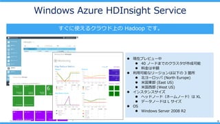 12
Windows Azure HDInsight Service
ʹ륯饦Ϥ Hadoop Ǥ
? Fڥץӥ`
? 40 Ω`ɤޤǤΥ饹ɿ
? Ͻϰ~
? ÿܤʥ`¤ 3 w
? `å (North Europe)
? ׹| (East US)
? ׹ (West US)
? 󥹥󥹥
? إåɥΩ`ɣͩ`Ω`ɣ XL
? ǩ`Ω`ɤ L 
? OS
? Windows Server 2008 R2
 
