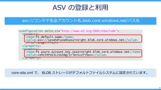 17
ASV εh
asv://ƥ@.blob.core.windows.net/ѥ
core-site.xml ǡ BLOB ȥ`ǥեȥե륷ƥOƤޤ
 