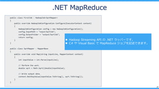 27
.NET MapReduce
? Hadoop Streaming API  .NET åѩ`Ǥ
? C#  Visual Basic  MapReduce ֤ӛǤޤ
 