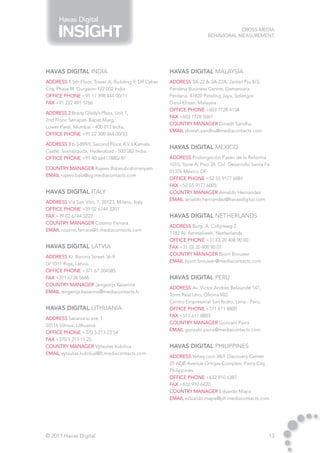 Havas Digital
                                                                                    Cross-Media
                                                                        Behavioral Measurement




HAVAS DIGITAL INDIA                                   HAVAS DIGITAL malaysia
address 1 5th Floor, Tower A, Building 9, Dlf Cyber   address 3A-22 & 3A-22A, Janlan Pju 8/3,
City, Phase III. Gurgaon-122 002 India                Perdana Business Centre, Damansara
Office phone +91 11 398 444 00/11                     Perdana. 47820 Petaling Jaya, Selangor
fax +91 222 491 5766                                  Darul Ehsan, Malaysia
                                                      Office phone +603 7728 4134
address 2 Brady Glady’s Plaza, Unit 1,
                                                      fax +603 7728 5067
2nd Floor. Senapati Bapat Marg,
                                                      country manager Dinesh Sandhu
Lower Parel, Mumbai - 400 013 India.
                                                      email dinesh.sandhu@mediacontacts.com
Office phone +91 22 300 364 00/33

address 3 6-3-899/I, Second Floor, R.V.’s Kamala
                                                      HAVAS DIGITAL mexico
Castle. Somajiguda, Hyderabad - 500 082 India.
Office phone +91 40 66417880/ 81                      address Prolongación Paseo de la Reforma
                                                      1015, Torre A, Piso 24. Col. Desarrollo Santa Fé.
country manager Rajeev Balasubrahmanyam
                                                      01376 México DF.
email rajeev.bala@sg.mediacontacts.com
                                                      Office phone +52 55 9177 6081
                                                      fax +52 55 9177 6005
HAVAS DIGITAL italy                                   country manager Arnaldo Hernández
                                                      email arnaldo.hernandez@havasdigital.com
address Via San Vito, 7. 20123, Milano. Italy
Office phone +39 02 6744 3201
fax +39 02 6744 3222                                  HAVAS DIGITAL NETHERLANDS
country manager Cosimo Ferrara
                                                      address Burg. A. Colijnweg 2.
email cosimo.ferrara@it.mediacontacts.com
                                                      1182 AL Amstelveen, Netherlands.
                                                      Office phone +31 (0) 20 408 90 00
HAVAS DIGITAL latvia                                  fax +31 (0) 20 408 90 01
                                                      country manager Bjorn Brouwer
address Kr. Barona Street 36-9.
                                                      email bjorn.brouwer@mediacontacts.com
LV 1011 Riga, Latvia.	
Office phone +371 67 504585
fax +371 6728 5666                                    HAVAS DIGITAL peru
country manager Jevgenijs Kazanins
                                                      address Av. Victor Andrés Belaunde 147,
email jevgenijs.kazanins@mediacontacts.lv
                                                      Torre Real Uno, Oficina 902.
                                                      Centro Empresarial San Isidro, Lima - Perú.
HAVAS DIGITAL LITHUANIA                               Office phone +511 611 8800
                                                      fax +511 611 8803
address Savanoriu ave. 1
                                                      country manager Gonzalo Parra
03116 Vilnius. Lithuania
                                                      email gonzalo.parra@mediacontacts.com
Office phone +370 5 213 23 54
fax +370 5 213 11 25
country manager Vytautas Kubilius                     HAVAS DIGITAL PHILIPPINES
email vytautas.kubilius@lt.mediacontacts.com
                                                      address Yehey.com 38/F Discovery Center.
                                                      25 ADB Avenue Ortigas Complex, Pasig City,
                                                      Philippines.	
                                                      Office phone +632 910 6387
                                                      fax +632 910 6420
                                                      country manager Eduardo Mapa
                                                      email eduardo.mapa@ph.mediacontacts.com




© 2011 Havas Digital                                                                                 13
 