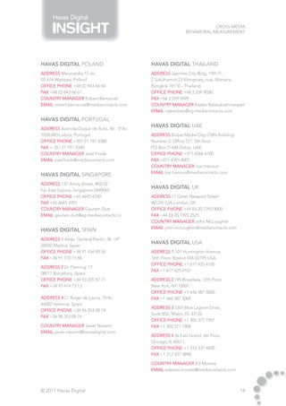 Havas Digital
                                                                          Cross-Media
                                                              Behavioral Measurement




HAVAS DIGITAL Poland                         HAVAS DIGITAL thailand
address Marynarska 15 str,                   address Jasmine City Bldg, 19th Fl.,
02-674 Warszaw, Poland                       2 Sukuhumvit 23 Klongtoey_nue, Wattana,
Office phone +48 22 843 66 60                Bangkok 10110 - Thailand.
fax +48 22 843 66 61                         Office phone +66 2 259 9030
country manager Robert Bernaciak             fax +66 2 259 9499
email robert.bernaciak@mediacontacts.com     country manager Rajeev Balasubrahmanyam
                                             email rajeev.bala@sg.mediacontacts.com

HAVAS DIGITAL Portugal
                                             HAVAS DIGITAL uae
address Avenida Duque de Ávila, 46 - 5ºAv.
1050-083 Lisboa, Portugal.                   address Dubai Media City, CNN Building.
Office phone +351 21 791 3388                Number 2, Office 511, 5th floor.
fax + 351 21 791 3340                        PO Box 21448 Dubai, UAE.
country manager José Frade                   Office phone +971 4366 4100
email jose.frade@mediacontacts.com           fax +971 4391 8001
                                             country manager Joe Hanoun
                                             email joe.hanoun@mediacontacts.com
HAVAS DIGITAL singapore
address 137 Amoy Street, #02-02
                                             HAVAS DIGITAL uk
Far East Square, Singapore 0499065
Office phone +65 6645 4700                   address 11 Great Newport Street,
fax +65 6645 4701                            WC2H 7JA London, UK.	
country manager Gautam Dutt                  Office phone +44 (0) 20 7393 9000
email gautam.dutt@sg.mediacontacts.co        fax +44 (0) 20 7393 2525
                                             country manager John McLoughlin
                                             email john.mcloughlin@mediacontacts.com
HAVAS DIGITAL spain
address 1 Avda. General Perón, 38, 14ª.
                                             HAVAS DIGITAL USA
28020 Madrid, Spain.
Office phone +34 91 456 90 50                address 1 101 Huntington Avenue,
fax +34 91 770 15 86                         16th Floor. Boston MA 02199 USA.
                                             Office phone +1 617 425 4100
address 2 Dr. Fleming, 17.
                                             fax +1 617 425 4101
08017 Barcelona, Spain.
Office phone +34 93 205 87 71                address 2 195 Broadway, 12th Floor.
fax +34 93 414 72 13                         New York, NY 10007.
                                             Office phone +1 646 587 5000
address 4 C/ Roger de Lauria, 19-4c.         fax +1 646 587 5005
46002 Valencia, Spain.
                                             address 3 5301 Blue Lagoon Drive,
Office phone +34 96 353 08 74
                                             Suite 850, Miami, FL 33126.
fax +34 96 353 08 74
                                             Office phone +1 305 377 1907
country manager Javier Navarro               fax +1 305 377 1906
email javier.navarro@havasdigital.com
                                             address 4 36 East Grand, 5th Floor.
                                             Chicago, IL 60611.
                                             Office phone +1 312 337 4400
                                             fax +1 312 337 3898

                                             country manager Ed Montes
                                             email edward.montes@mediacontacts.com



© 2011 Havas Digital                                                                   14
 