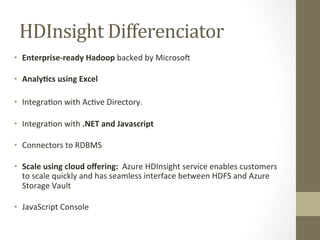 HDInsight	
 Differenciator	
 
•  Enterprise-­‐ready	
 Hadoop	
 backed	
 by	
 Microsod	
 
	
 
•  Analy:cs	
 using	
 Excel	
 
•  Integra=on	
 with	
 Ac=ve	
 Directory.	
 
	
 	
 
•  Integra=on	
 with	
 .NET	
 and	
 Javascript	
 
	
 
•  Connectors	
 to	
 RDBMS	
 
	
 
•  Scale	
 using	
 cloud	
 oﬀering:	
 	
 Azure	
 HDInsight	
 service	
 enables	
 customers	
 
to	
 scale	
 quickly	
 and	
 has	
 seamless	
 interface	
 between	
 HDFS	
 and	
 Azure	
 
Storage	
 Vault	
 
	
 
•  JavaScript	
 Console	
 
 