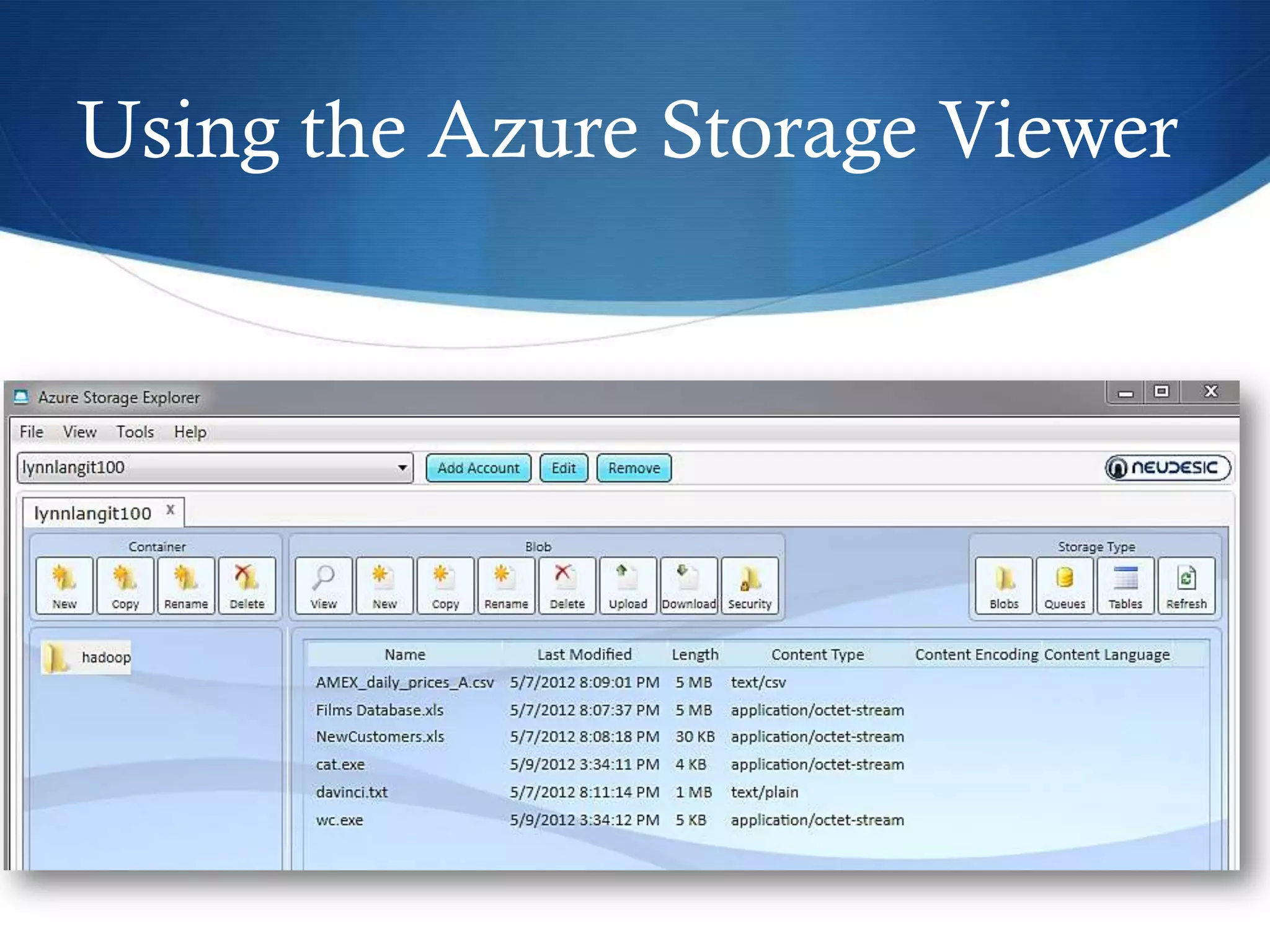 Using the Azure Storage Viewer
 