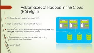 Advantages of Hadoop in the Cloud
(HDInsight)
 State-of-the-art Hadoop components
 High availability and reliability of clusters
 Efficient and economical data storage with Azure Blob
storage, a Hadoop-compatible option
 Integration with other Azure services, including
Websites and SQL Database
 Low entry cost
 