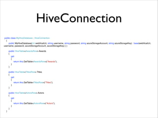 HiveConnection 
public class MyHiveDatabase : HiveConnection! 
{! 
public MyHiveDatabase(Uri webHcatUri, string username, string password, string azureStorageAccount, string azureStorageKey) : base(webHcatUri, 
username, password, azureStorageAccount, azureStorageKey) { }! 
! 
public HiveTable<AwardsRow> Awards! 
{! 
get! 
{! 
return this.GetTable<AwardsRow>("Awards");! 
}! 
}! 
! 
public HiveTable<TitlesRow> Titles! 
{! 
get! 
{! 
return this.GetTable<TitlesRow>("Titles");! 
}! 
}! 
! 
public HiveTable<ActorsRow> Actors! 
{! 
get! 
{! 
return this.GetTable<ActorsRow>("Actors");! 
}! 
}! 
} 
 