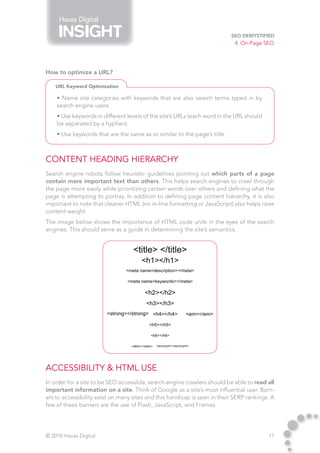 Havas Digital

                                                                          SEO Demystified
                                                                            4. On-Page SEO




How to optimize a URL?

   URL Keyword Optimization

    • Name site categories with keywords that are also search terms typed in by
    search engine users.
    • Use keywords in different levels of the site’s URLs (each word in the URL should
    be separated by a hyphen).
    • Use keywords that are the same as or similar to the page’s title.



Content Heading Hierarchy
Search engine robots follow heuristic guidelines pointing out which parts of a page
contain more important text than others. This helps search engines to crawl through
the page more easily while prioritizing certain words over others and defining what the
page is attempting to portray. In addition to defining page content hierarchy, it is also
important to note that cleaner HTML (no in-line formatting or JavaScript) also helps raise
content weight.
The image below shows the importance of HTML code units in the eyes of the search
engines. This should serve as a guide in determining the site’s semantics.




Accessibility & HTML Use
In order for a site to be SEO accessible, search engine crawlers should be able to read all
important information on a site. Think of Google as a site’s most influential user. Barri-
ers to accessibility exist on many sites and this handicap is seen in their SERP rankings. A
few of these barriers are the use of Flash, JavaScript, and Frames.




© 2010 Havas Digital                                                                     11
 